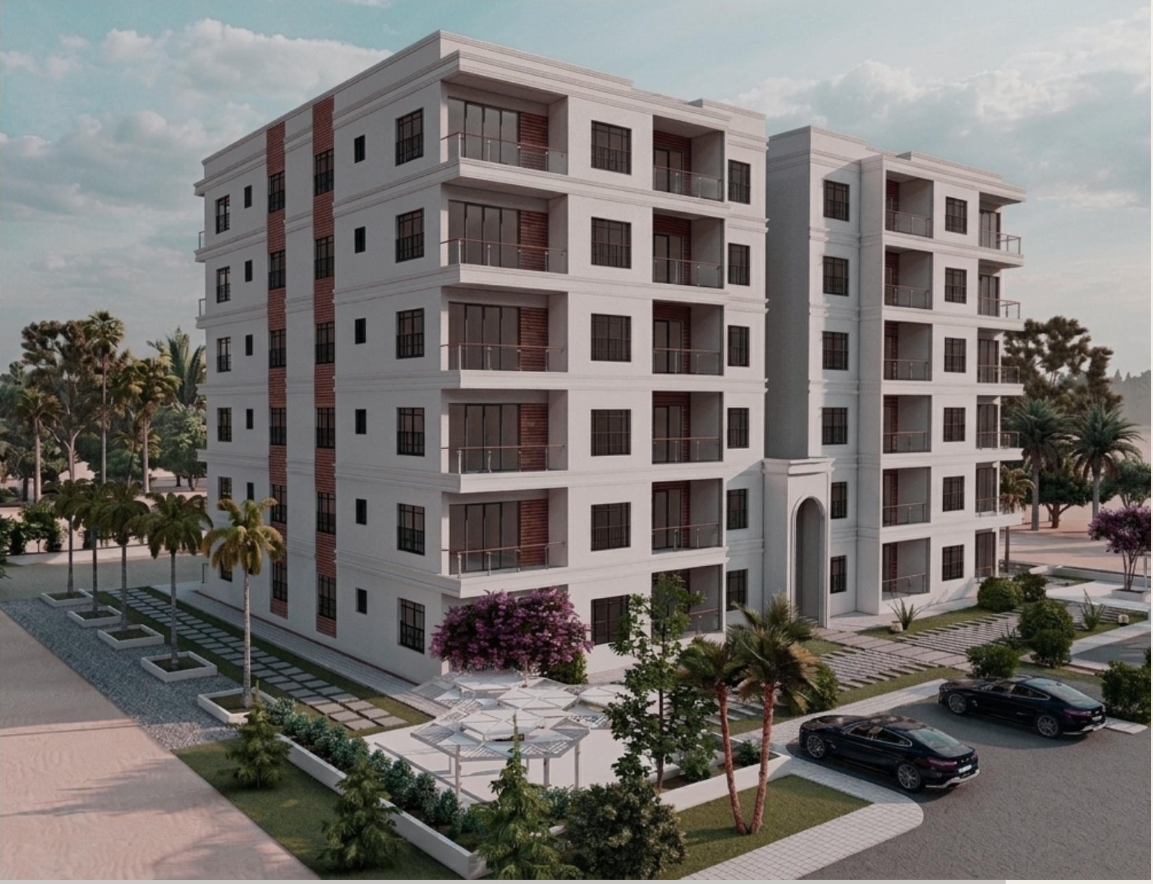 Modern residential exterior with geometric balconies