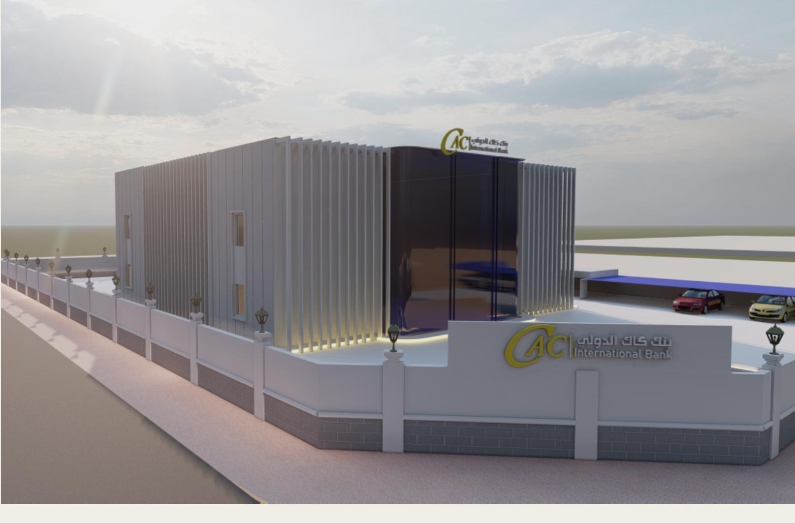 Bank exterior design with glass frontage