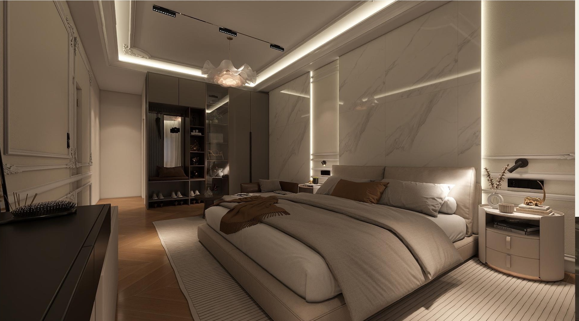 Bedroom interior render with warm lighting and custom storage